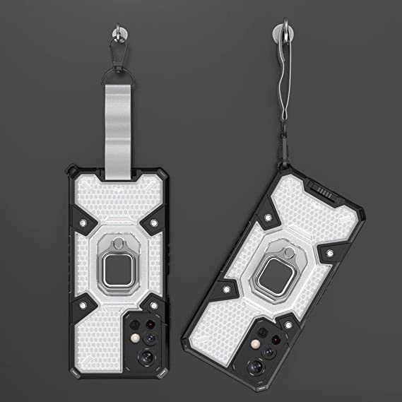 Case for Xiaomi Poco M4 Pro 5G Original New All-in-One Case from GrabMobily Dual Protection Shockproof Case - With Back Kickstand, Ring Hand Holder And Short Lanyard - Transparent & Black