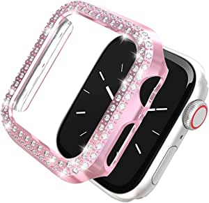 Leotop Compatible with Apple Watch Case 40mm 44mm, PC Plated Hard Bumper Bling Crystal Diamonds Shiny Glitter Cover frame Compatible iWatch Series 6 5 4 SE for Women Girls (Rose Pink, 40mm)