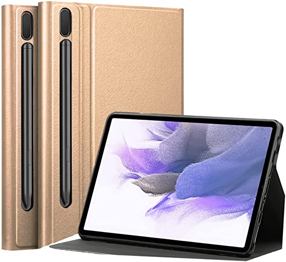 Full Cover Case Compatible with Samsung Galaxy Tab S8 Plus (2022) / S7 Plus (2020) 12.4 inch, Flip Cover Leather Stand Case Soft TPU Back (Gold)