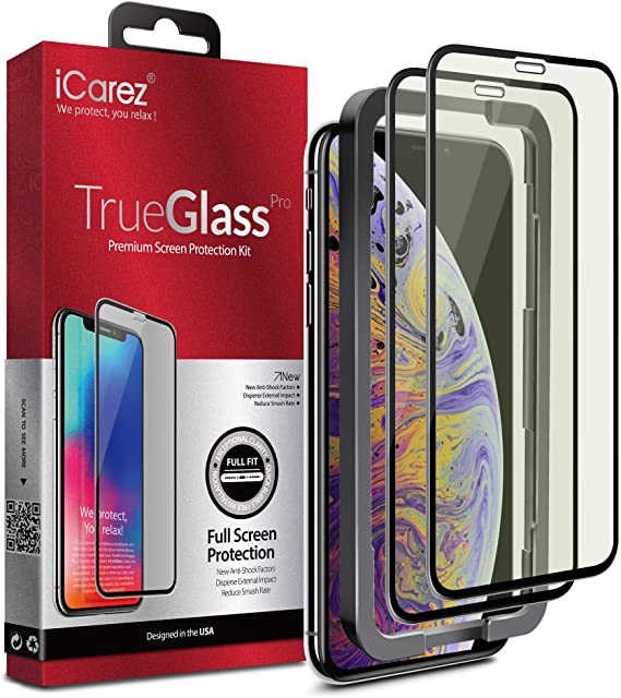 iCarez Tempered Glass Screen Protector for iPhone XS Max 6.5-Inches, 2-Pack Anti Blue Full Coverage