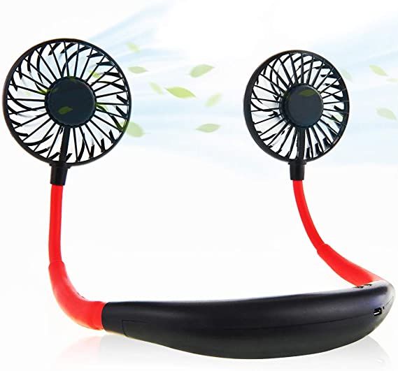Portable Personal Hanging Neck Fan, Hands Free Battery Rechargeable Neckband Fan with 3 Speeds, Headphone Design Wearable Fan for Office Sport Travel Camping