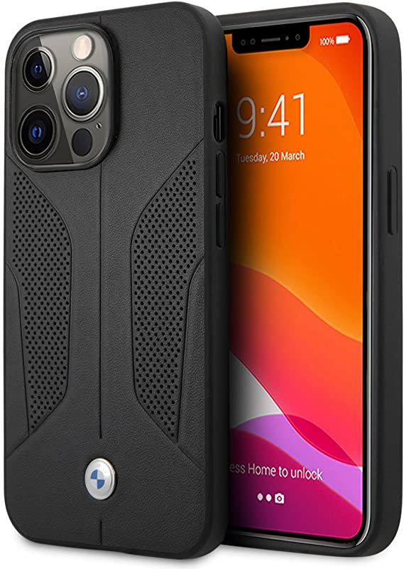 BMW Phone Case for iPhone 13 Pro - Leather Case Black Seat Perforated Sides Debossed Lines