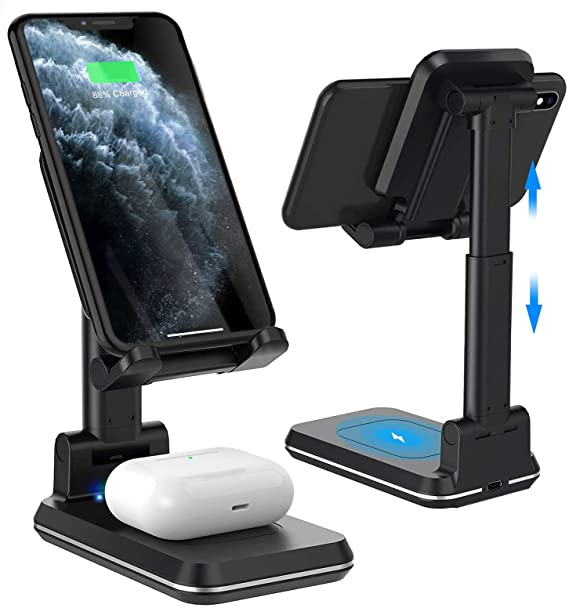 Wireless Charging Phone Stand,Foldable Desktop Cell Phone Tablet Stand,10W Max Qi-Enabled Wireless Charging Multi-Angle Adjustable Metal Phone Holder for iPhone 11/ES/MAX/XS/XR/X/8,AirPods/Pro