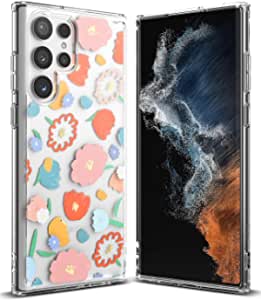 Ringke Fusion Design Compatible with Samsung Galaxy S22 Ultra 5G Case (2022), Clear Hard Back with Flowers Girls Women Design Print Shockproof TPU Bumper Phone Cover - Floral