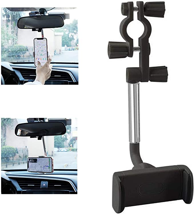 JDHDL Car Phone Holder Mount, 360 Degree Rotatable Rear View Mirror Phone Mount, Universal Adjustable Smartphone Cradle, Vehicle Back Seat Mobile Phone Holder Compatible with All Cell Phones, Black