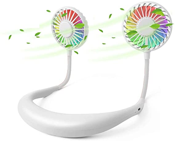Portable Neck Hanging Fan,USB Mini Hand Free Wearable color light Fan Neckband Sport Fan With light USB Desktop Fan,3 Speeds,360 Degree Adjustment for Kids, Home Office Outdoor Travel