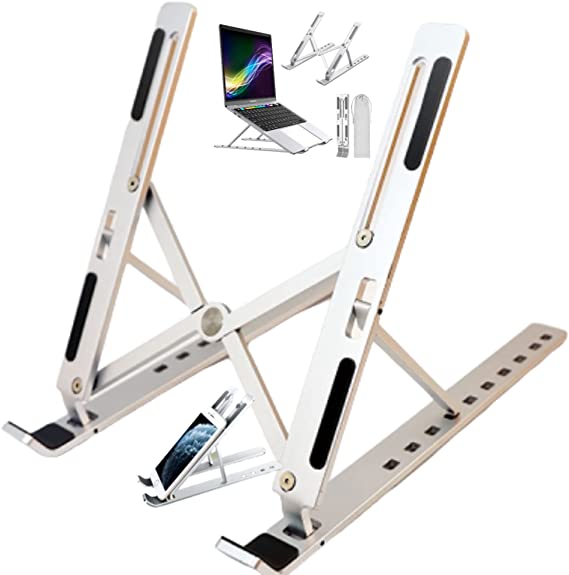 Tech-3dom Laptop Stand,Holder, Desk. Foldable, Portable, Ventilated, Cooling Stand, Non-Slip, for all laptops (10"-18"),Tablet/Mobile phone. Lightweight, 9-Adjustable heights, Eco (Silver)
