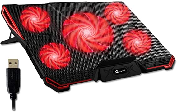 KLIM Cyclone Laptop Cooler - Maximal Cooling - 5 Fans - Cooling Pad for Computer - Gamer Gaming (RED)