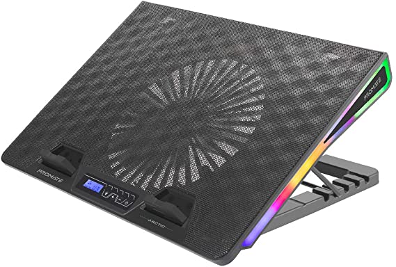 Promate Laptop Cooling Pad, Portable Gaming Laptop Cooling Stand with Ventilated Metal Mesh Surface, Adjustable Height, LCD Display Screen, Built-In Controls, Smart