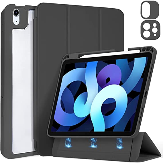 DAORANGE Case for iPad Air 4th Generation 10.9 2020 and iPad Pro 11 2021, with Pen Holder, Magnetic Removable Cover with Auto Sleep/Wake Function, Transparent Back Cover (Black)