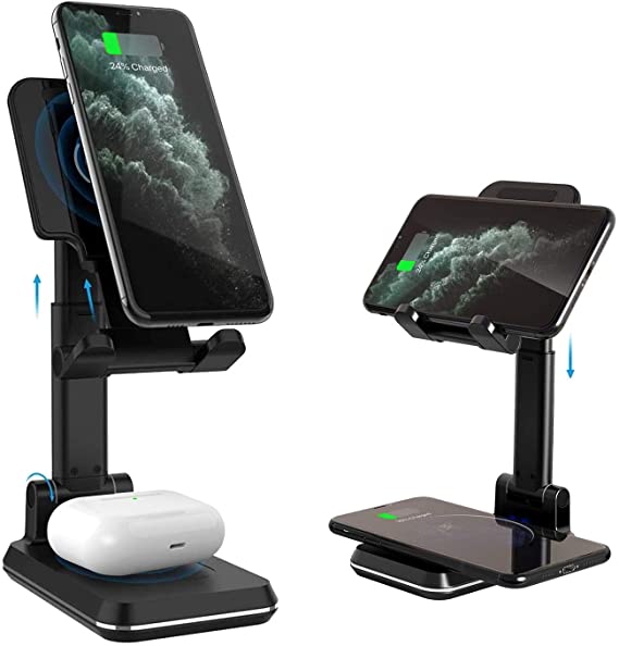 Wireless Charging Cell Phone Stand, Dual Foldable Adjustable Phone Stand Qi Fast Wireless Charging Holder Compatible with iPhone 11/Pro/Xs/Max/XR/X/8/8P, Samsung S10/S9/S8/Note10, AirPods 2/Pro