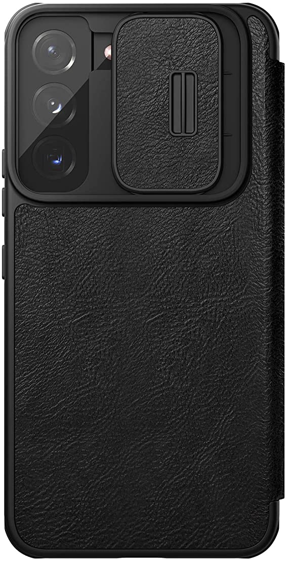 Nillkin Case for Samsung Galaxy S22 Plus (6.55" Inch) Qin Pro Camshield Camera Slider Genuine Classic Leather Flip Folio + Card Slot Black Color