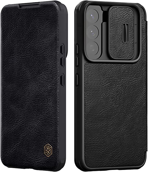 Nillkin for Samsung Galaxy S22 Plus Case with Camera Cover and Card Holder, PU Leather Case with Flip Cover and Slide Camera Protection, Durable Shockproof Cover - Black