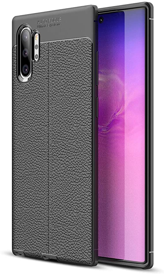 لهاتف Samsung Galaxy Note 10 Plus ، جراب خلفي بنمط جلد أصلي مقاوم للصدمات من ألياف الكربون من GrabologyStore - أسود