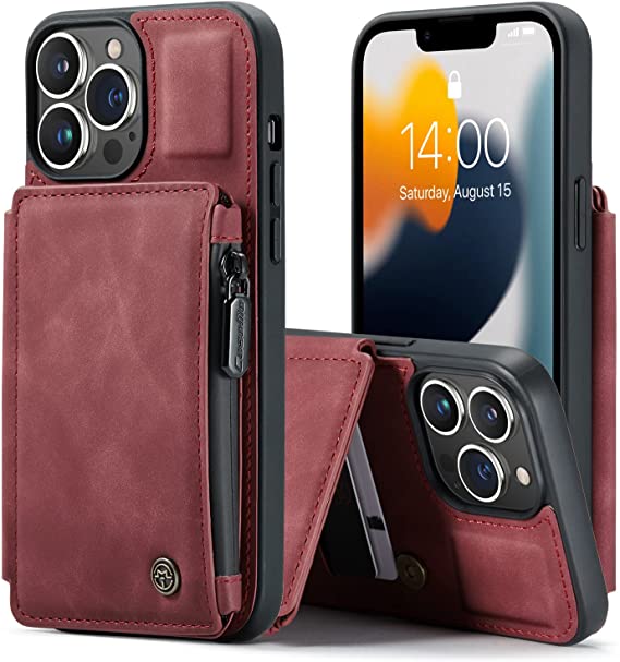Kowauri Wallet Case for iPhone 13 Pro, Double Magnetic Clasp Zipper Purse PU Leather Wallet Case with Credit Card Slot Holder Back Flip Cover for iPhone 13 Pro 6.1 inch 2021 (Red)
