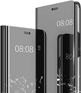 Ysnzaq Phone Case for Samsung Galaxy A22 4G (Not fit A22 5G),Smooth Clear View Smart Display Mirror Case with Flip Kickstand Shockproof Cover for Samsung Galaxy A22 4G QH Cool Black