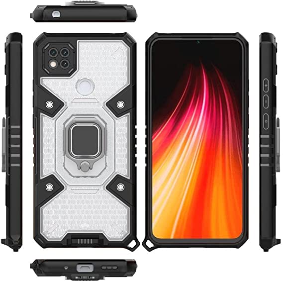 Case for Xiaomi Redmi 9C - Original New All-in-One Case from GrabMobily Dual Protection Shockproof Case - With Back Kickstand, Ring Hand Holder And Short Lanyard - Transparent & Black