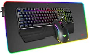 Havit Mechanical Keyboard and Mouse Combo RGB Gaming 104 Keys Blue Switches Wired USB Keyboards , Detachable Wrist Rest, Programmable Mouse, RGB Large Gaming Mouse Pad for PC Gamer Computer