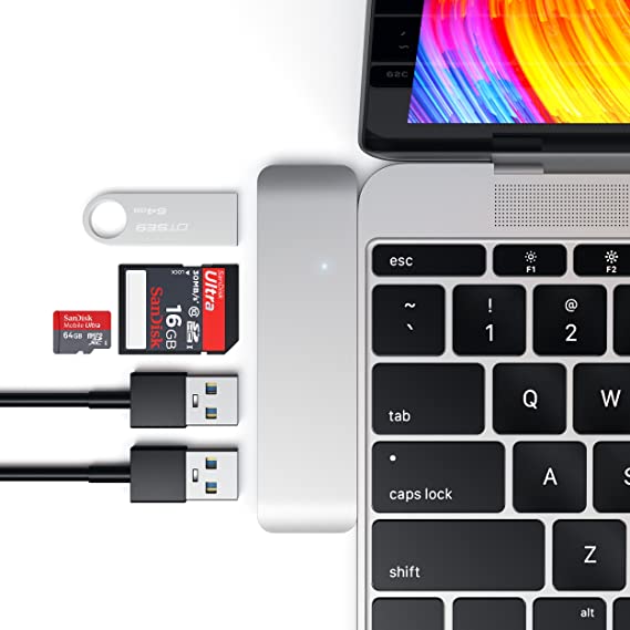Satechi Aluminum Type-C USB 3.0 3-in-1 Combo Hub Adapter - 3 USB 3.0 Ports and Micro/SD Card Reader Compatible with 2015/2016/2017/2018 MacBook 12-Inch and More (Silver)