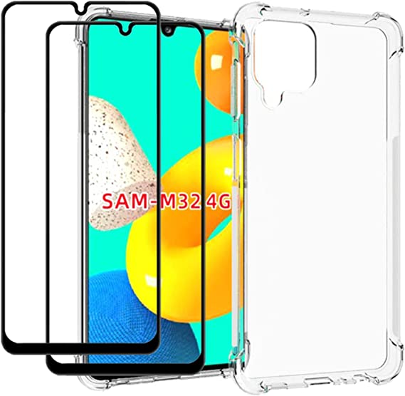 QCMM Compatible for Samsung Galaxy M32 Case with Tempered Glass (2 Pieces) Slim Shock Absorption TPU Soft Edge Bumper with Reinforced Corners Transparent Protective Cover