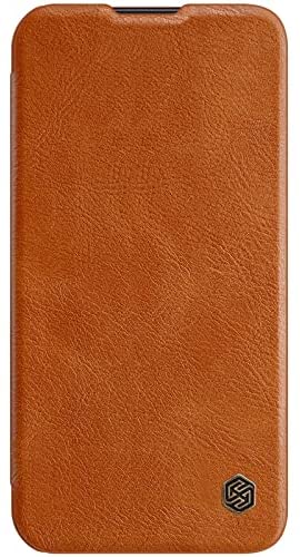 Nillkin Case for Apple iPhone 13 (6.1" Inch) Qin Pro Camshield Camera Slider Genuine Classic Leather Flip Folio + Card Slot Brown Color