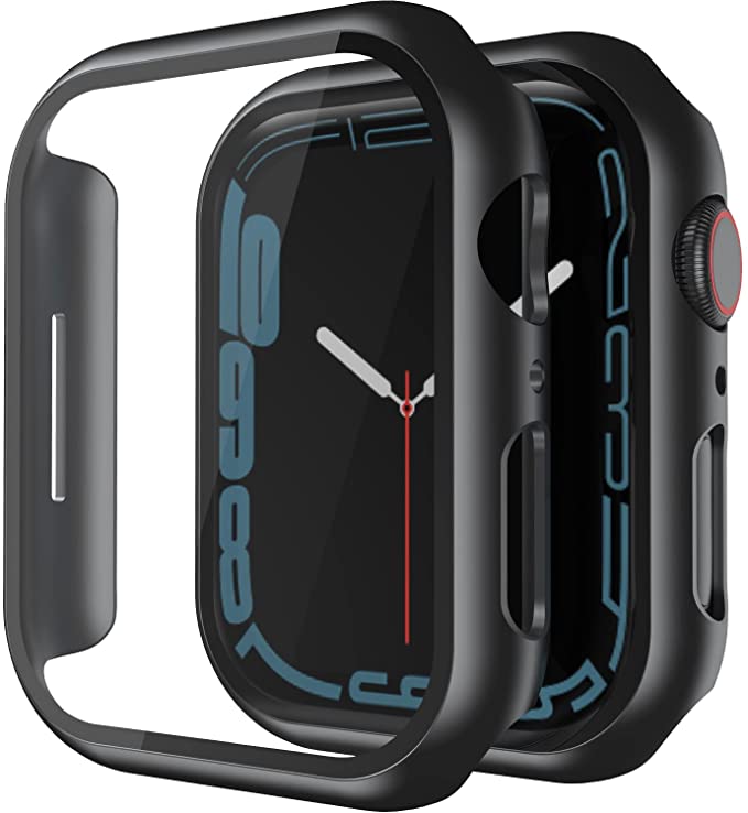 [2 Pack]Smiling Hard PC Case Compatible with Apple Watch 45mm Series 7 with Tempered Glass Screen Protector,Full Coverage,Anti Scraches (black)
