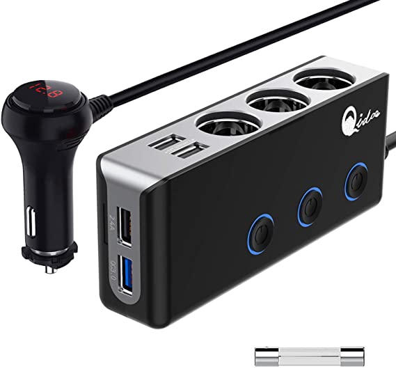 [Upgraded Version] Quick Charge 3.0 Cigarette Lighter Splitter, Qidoe 12V/24V 3-Socket 120W DC Power Car Adapter with LED Voltmeter Main Switch, 8.5A 4 USB Fast Outlets, Three Independent ON/Off