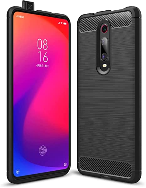 Case for Xiaomi Mi 9T, Flexible Rugged Armor Case with Brushed Carbon Fiber Pattern - Premium quality Case From GrabMobily - Black