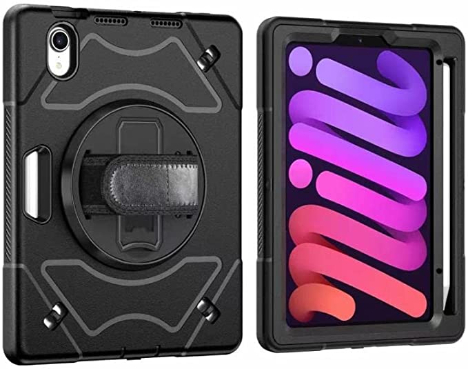 iPad Mini 6 Case, [Full Body] Protective Shockproof Cover with [360 Degree Rotating Stand / Handle] Pencil Holder for iPad Mini 6 (Black)