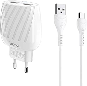 Hoco C78A - Max energy dual port charger set (2.4A - 1M) (EU) - Type-C For Samsung Huawei Xiaomi Oppo - White