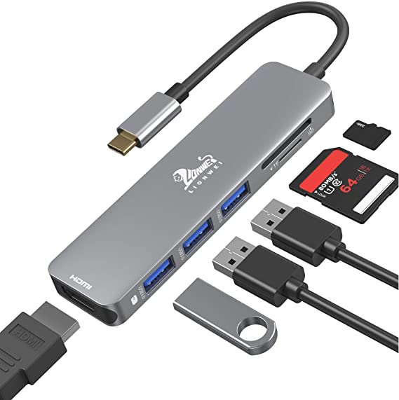 6-in-1 USB C Hub Multiport Adapter with HDMI 4K@60Hz, USB 3.0X3, Power Delivery Charging Port, SD/TF Card Readers, Compatible for MacBook Pro/Air (Thunderbolt 3), and Other Type-c Devices