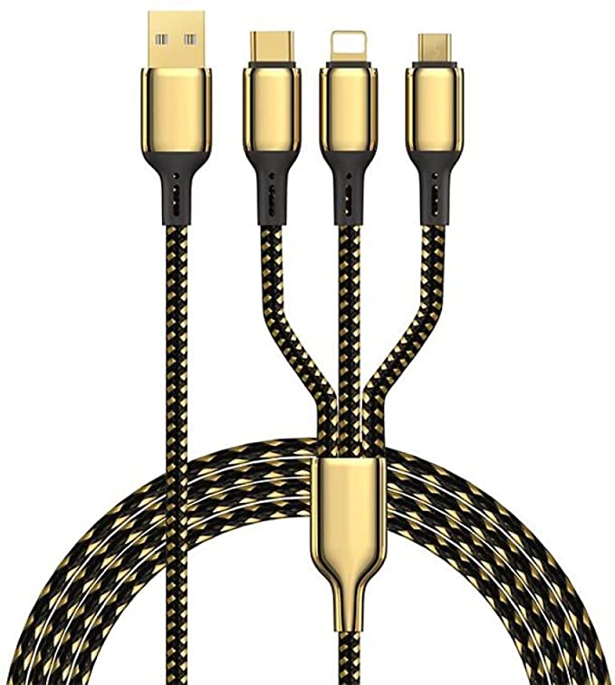 WIWU GD-104 3 In 1 USB Compatible Type-C/Lightning/Micro 18K 20W Data Cable, Golden - 1.2m