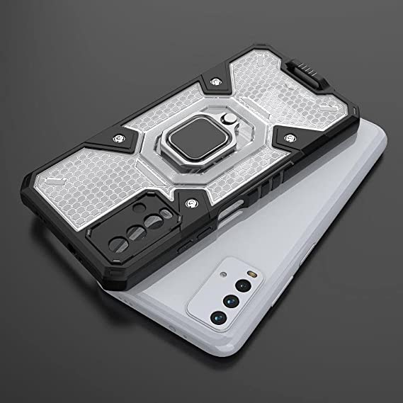 Case for Xiaomi Redmi 9T Original New All-in-One Case from GrabMobily Dual Protection Shockproof Case - With Back Kickstand, Ring Hand Holder And Short Lanyard - Transparent & Black