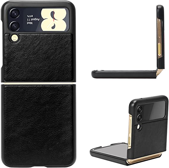 FYY Case for Samsung Galaxy Z Flip 3 5G, PU Leather Pattern Hard Phone Cover Ultra Thin Anti-Drop Protective Case for Samsung Galaxy Z Flip 3 5G 6.7 inch 2021 Black
