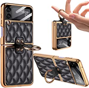 Leather Case for Samsung Galaxy Z Flip 3 with Ring, Luxury Soft Rhomboid Lamb Skin Feel Phone Case for Z Flip 3 2021 with Electroplating Frame, Shockproof Protective Cover for Galaxy Z Flip 3 5G