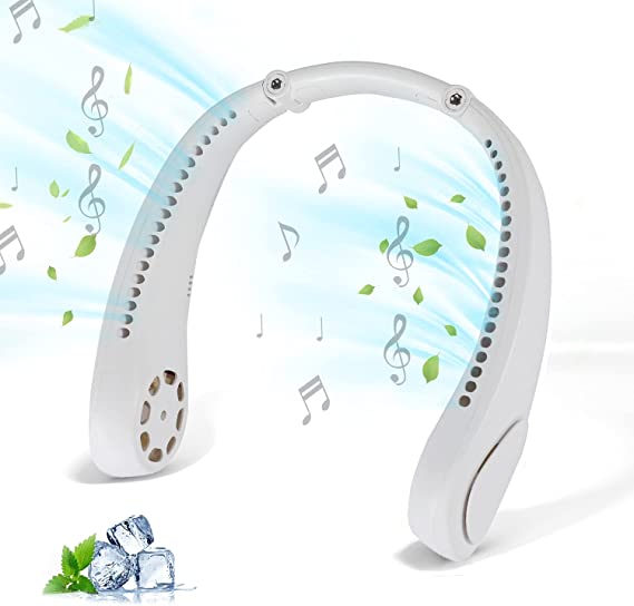 Music Neck Fan,Hands Free Personal Fan with Music Function,Rechargeable Headphone Design Neckband Fan, 3 Level Air Flow, 360 Degree Free Rotation Perfect for Indoor and Outdoor-White