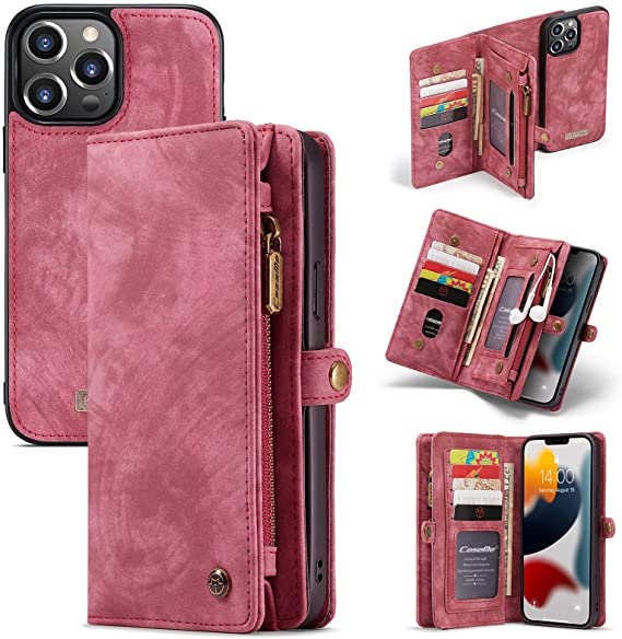 caseme Leather Flip Wallet Case for iPhone 13 Pro,Detachable Back Magnetic Closure 2-in-1 Shockproof Zipper Purse Cover with Card Slots (Red)