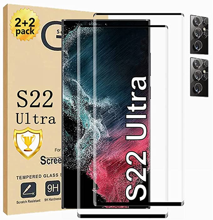 Galaxy S22 Ultra Screen Protector 【2+2 Pack】 Camera Lens Protector [ 3D Glass ] Compatible Fingerprint Easy Installation 9H Tempered Glass Screen Protector for Samsung Galaxy S22 Ultra 5G