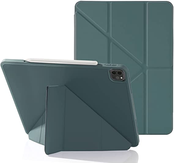 Origami Case for iPad Pro 12.9 Inch 2021/2020/2018 with Pencil Holder, 5-in-1 Multiple Viewing Angles, Smooth Silicone Cover & Soft TPU Back, Auto Sleep/Wake & Pencil 2 Charging Folio (Midnight Green)