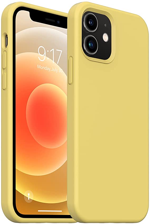 OUXUL Compatible with iPhone 12 Mini Case,Liquid Silicone Gel Rubber Phone Case,iPhone 12 Mini Case 2020 Cover 5.4 Inch Full Body Slim Soft Microfiber Lining Protective Case(Yellow)