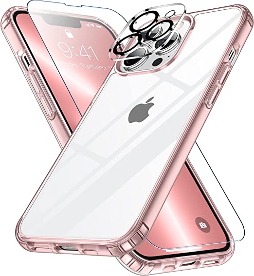 JUSTCOOL [3 IN 1] Designed for iPhone 13 Pro Case, [Crystal Clear Not Yellowing] [with 2 Pcs Tempered Glass Screen Protectors & 2 Pcs Camera Lens Protectors] Slim Thin Case (Pink/Clear)