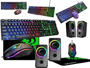 Wired UK Layout Gaming Keyboard Mouse & Mice Pad, RGB Computer Speakers, 19 Keys Anti-conflict Keyboard, DPI Adjustable Mouse, 2.0 Stereo Volume Control Gaming Speakers 360 Surround Sound Set (Black)