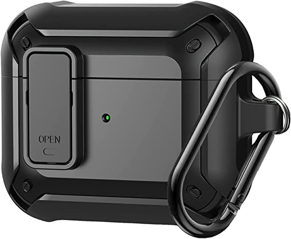 Airpod 3rd Generation Case 2021 Secure Lock Clip Case Apple AirPod 3 Case Cover Military Armor Series Full-Body Rugged Hard Shell for Men Women with Keychain Carabiner,Wireless Charging (Black)