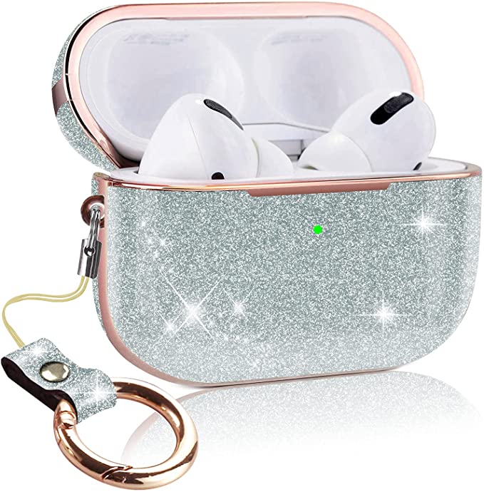 [Front LED Visible] SINGEAR Glitter Cover Case for AirPods Pro ,360° Full Protective Dustproof Hard Case with Shining Leather and Keychain, Silver