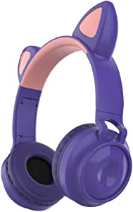 Bluetooth Headphones, Wireless Cat Ear Headphones LED Light Up Wireless Headphones Over Ear, Foldable & Lightweight Stereo Wireless Headset for Travel Work TV PC Cellphone (Purple)