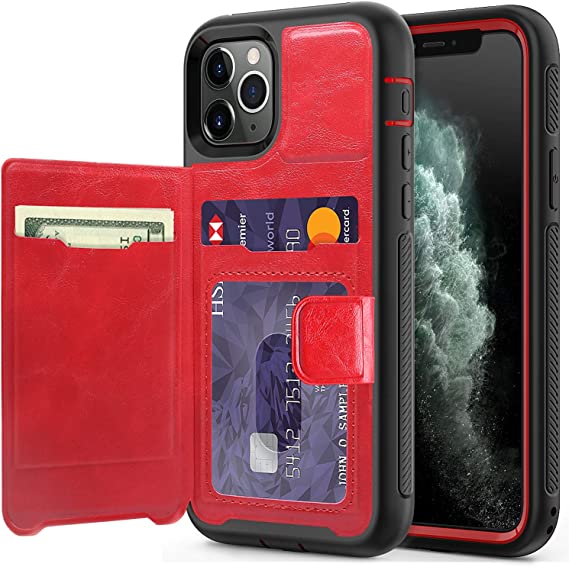 Timecity iPhone 11 Pro Wallet Case with Card Holder,PU Leather Kickstand Card Slots Case.with Magnetic Clasp and Durable Shockproof Cover for iPhone 11 Pro 5.8 Inch 2019 Release - Black +Red