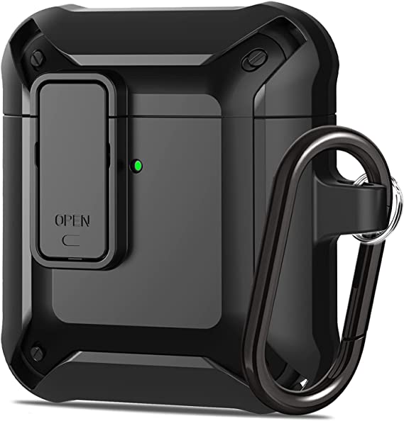 LitoDream Armor Airpods Case, [Secure Lock] Air Pods Full-Body Rugged Protective Case Men Charging Skin Shockproof iPods Case Cover with Carabiner for Apple Airpods 2&1 - Black