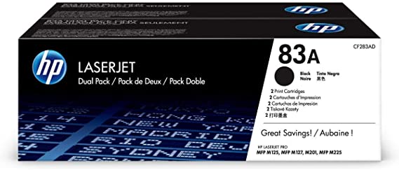 dual pack hp 83a black toner cartridge (cf283a)