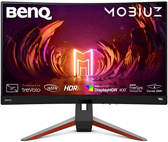 BenQ MOBIUZ EX2710R 27-inch 2K QHD 1440p 1000R Curved Gaming Monitor, 165Hz, 1ms, AMD FreeSync Premium Pro, HDR400, 90% DCI P3, 2.1 Channel Speakers, Height Adjustable, HDMI 2.0, DP 1.4, Mobiuz Light…