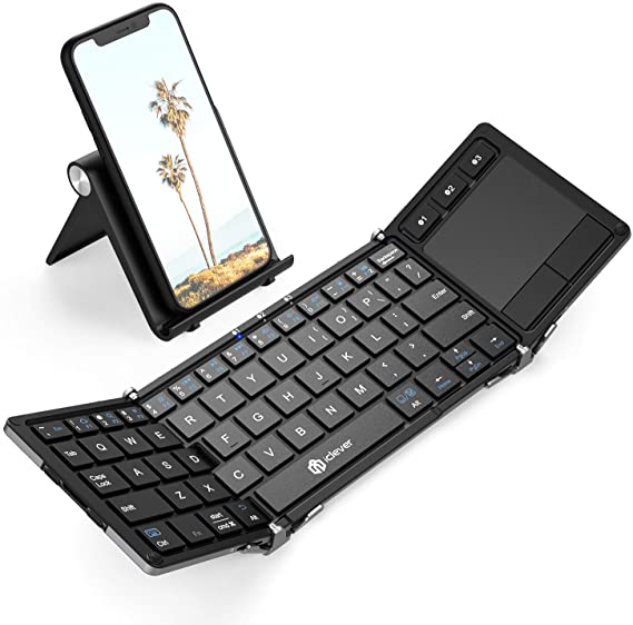 Bluetooth Keyboard, iClever BK08 Folding Keyboard with Sensitive Touchpad (Sync Up to 3 Devices), Pocket-Sized Tri-Folded Fodable Keyboard for Windows Mac Android iOS